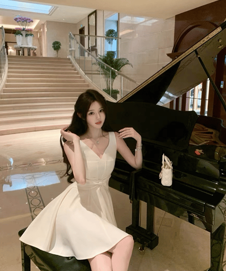 V-Neck White Ribbon Dress
