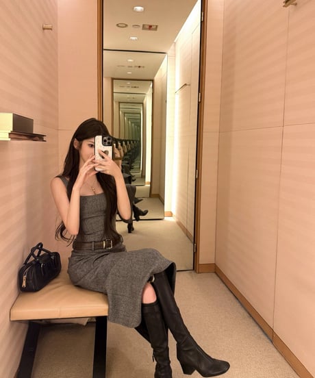 Gray Herringbone Wool Vest + Back Slit Long Skirt