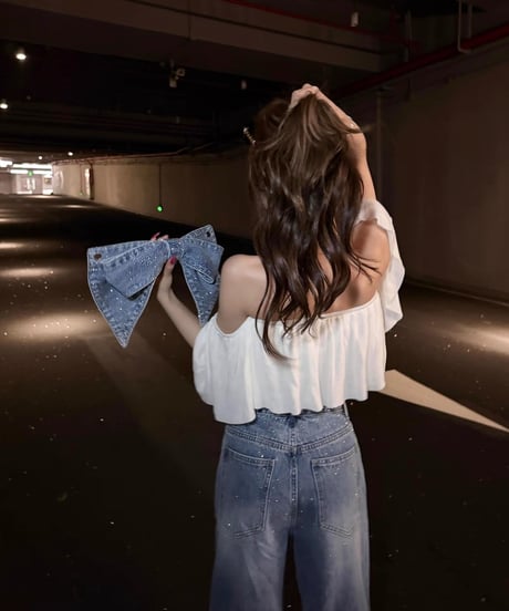 Ribbon Rhinestone Denim Pants