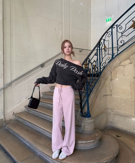 Letter Print Off shoulder Sweat + Drawstring Pants【Dark Gray】