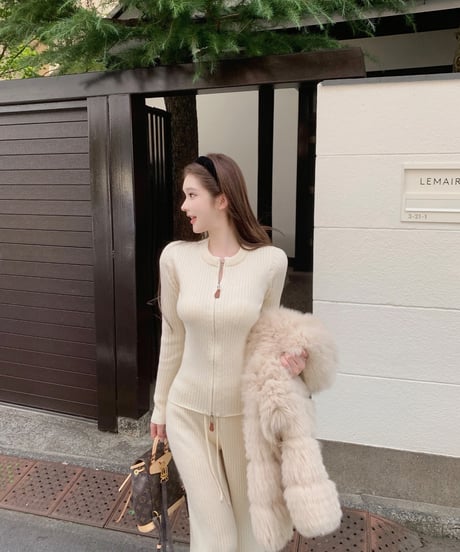 Zipper Knit Sweater Setup【White】