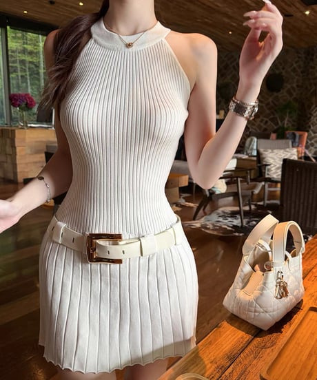 Halter Neck Belt Knit Dress【ベルト付き】