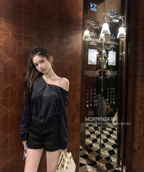 One Shoulder Zip Hoodie【Navy】