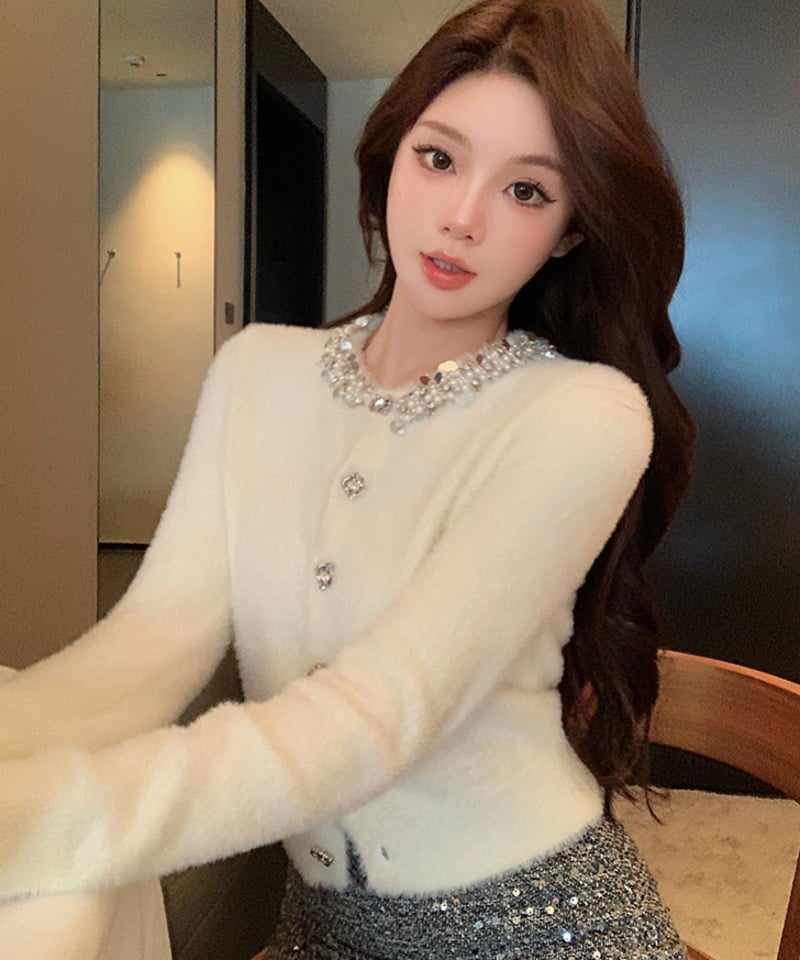 Diamond Knit Cardigan&Silver Tweed Skirt | glan