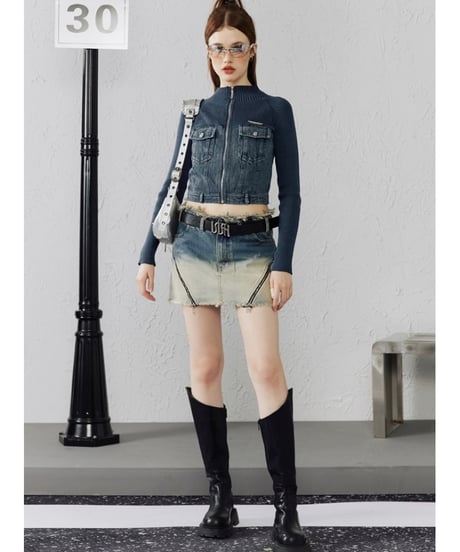 Denim Switching Zip Knit