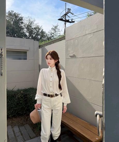 Elegant High neck Lantern Sleeve Shirt【White】