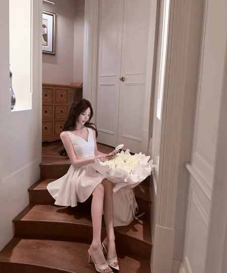 V-Neck White Ribbon Dress