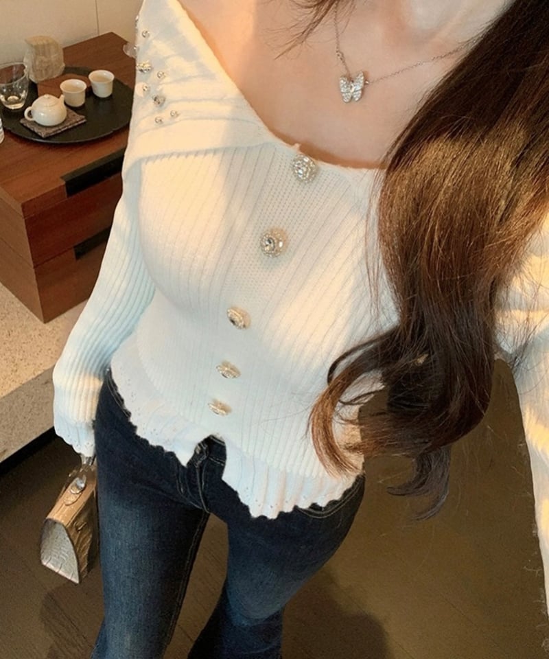 Off Shoulder Bijou Knit Sweater | glancetokyo