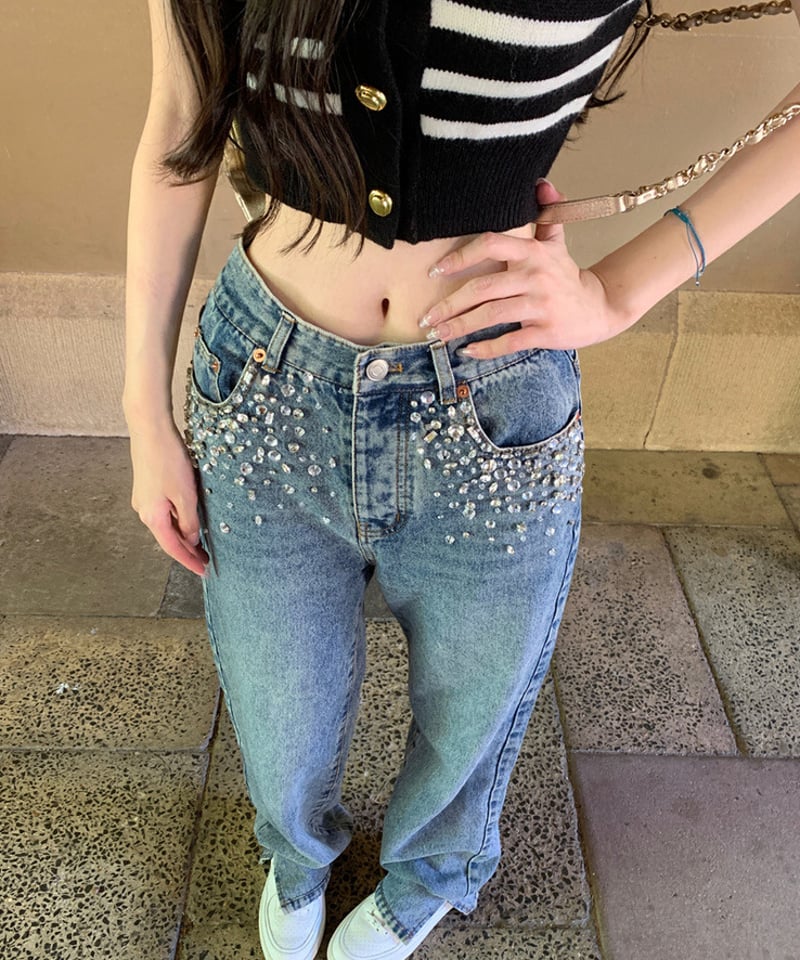 Feminine Bijou Denim Pants | glancetokyo