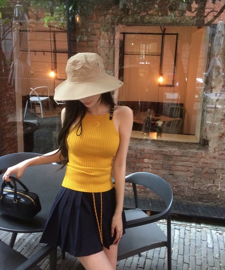 【在庫あり3-5日配送】Embroidery Leather Strap Rib Tops【Yellow】