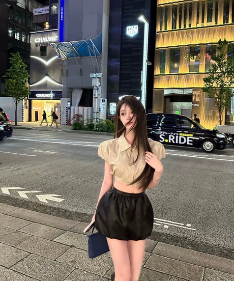Puff-Sleeve Short Shirt+Leather Tulip Skirt