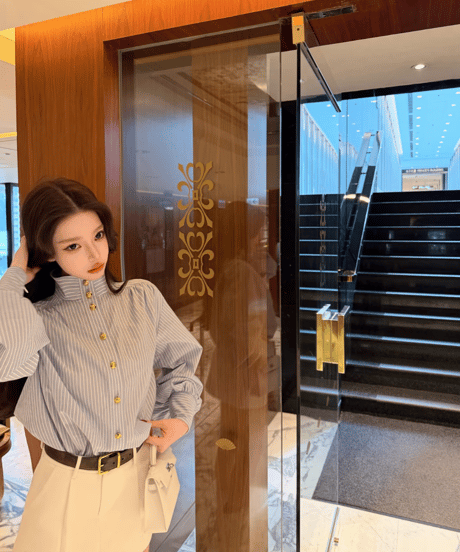 Elegant High neck Lantern Sleeve Shirt【Stripe】