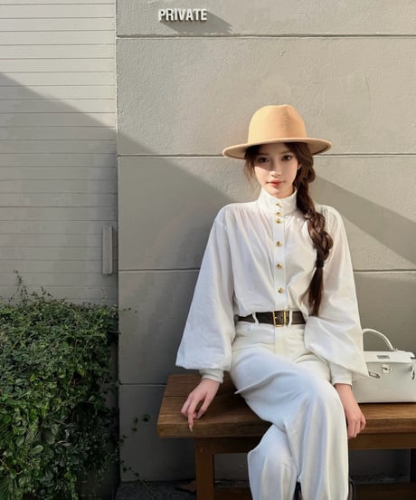 Elegant High neck Lantern Sleeve Shirt【White】
