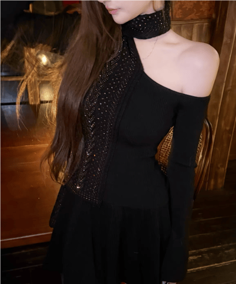 Rhinestone Scarf Knit Tops