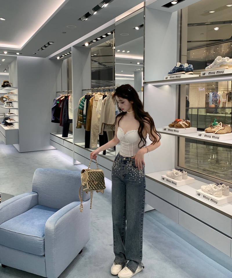 Feminine Bijou Denim Pants | glancetokyo