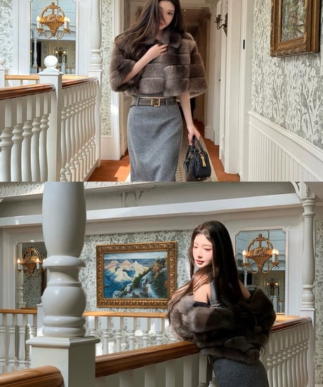 Gray Herringbone Wool Vest + Back Slit Long Skirt