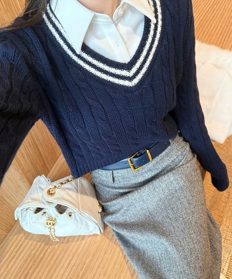Gray Herringbone Wool Vest + Back Slit Long Skirt