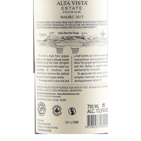 ボデガ アルタ ビスタ マルベック プレミアム Bodega Alta Vista Malbec Premium 2017(750ml)