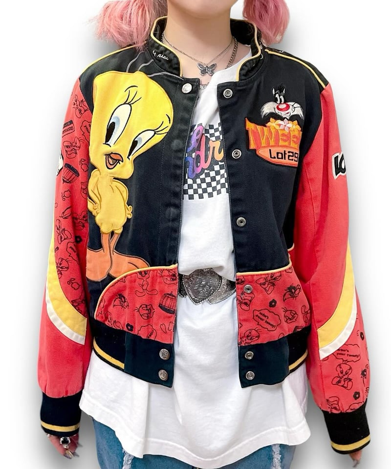 LOONEY TUNES TWEETY レーシングジャケット 黒 ピンク M SUPER RARE Looney Tunes Collection Tweety Bird | Depop