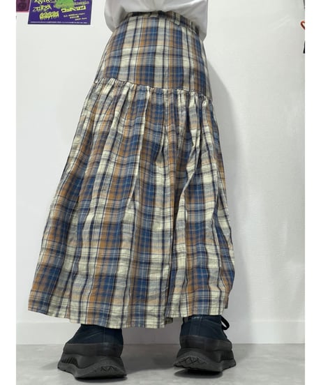 Checked long tiered skirt/4548