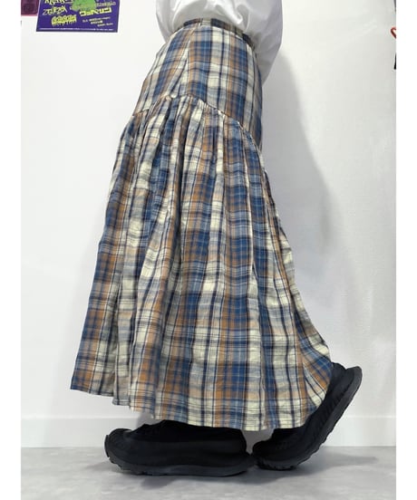 Checked long tiered skirt/4548