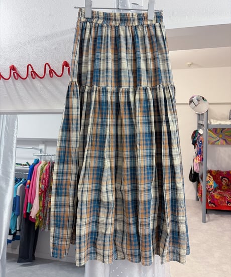 Checked long tiered skirt/4548