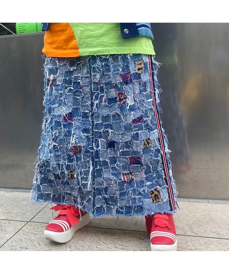 逆走(GYAKU＿SOU)】サイドライン クラストパッチワークデニムスカート  