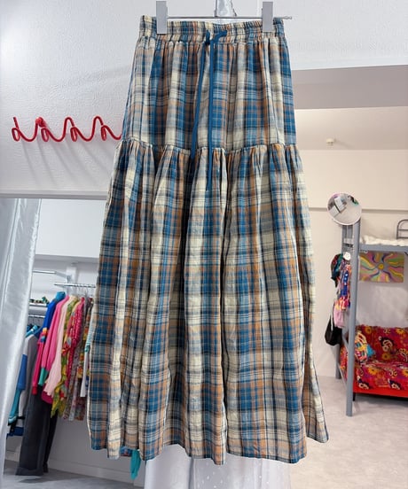 Checked long tiered skirt/4548