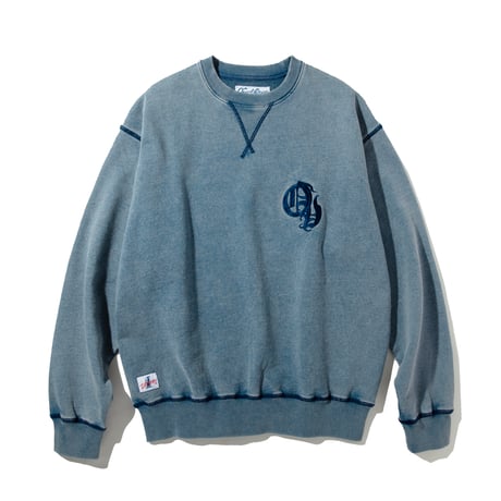 EMBROIDERY USED WASH CREW  SWEAT【BLUE】