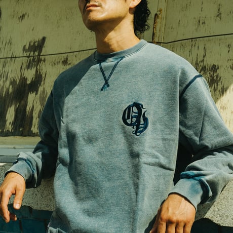 EMBROIDERY USED WASH CREW  SWEAT【BLUE】