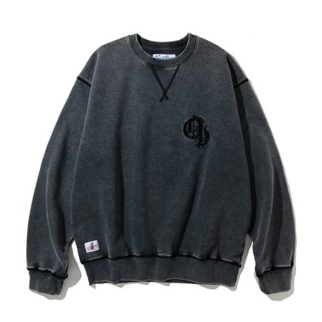 EMBROIDERY USED WASH CREW  SWEAT【BLACK】