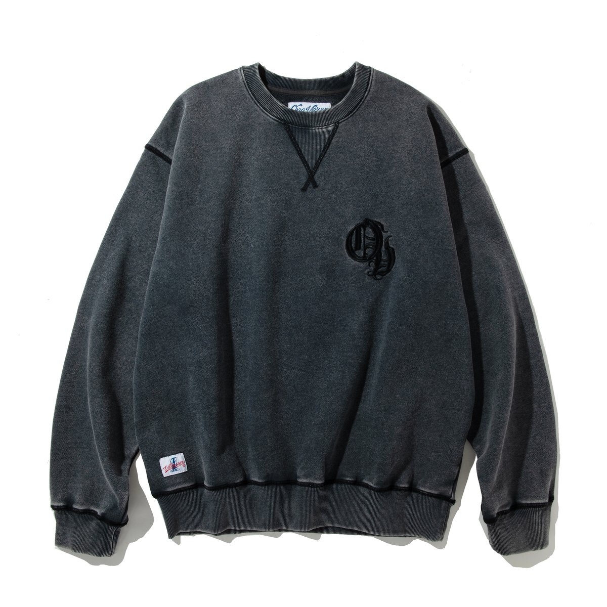 EMBROIDERY USED WASH CREW SWEAT【BLACK】 | One V