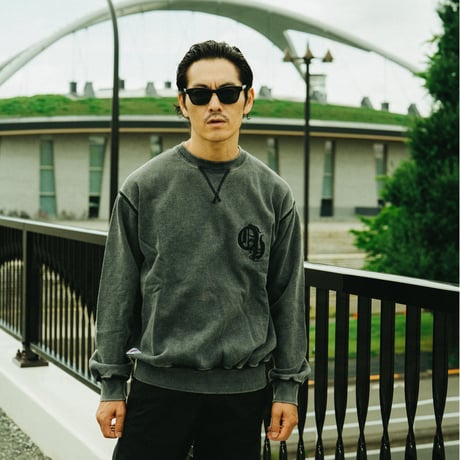 EMBROIDERY USED WASH CREW  SWEAT【BLACK】