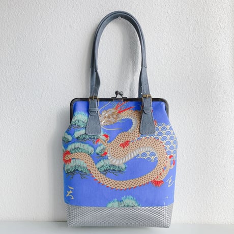 鶴と龍(青)縦型がま口バッグ