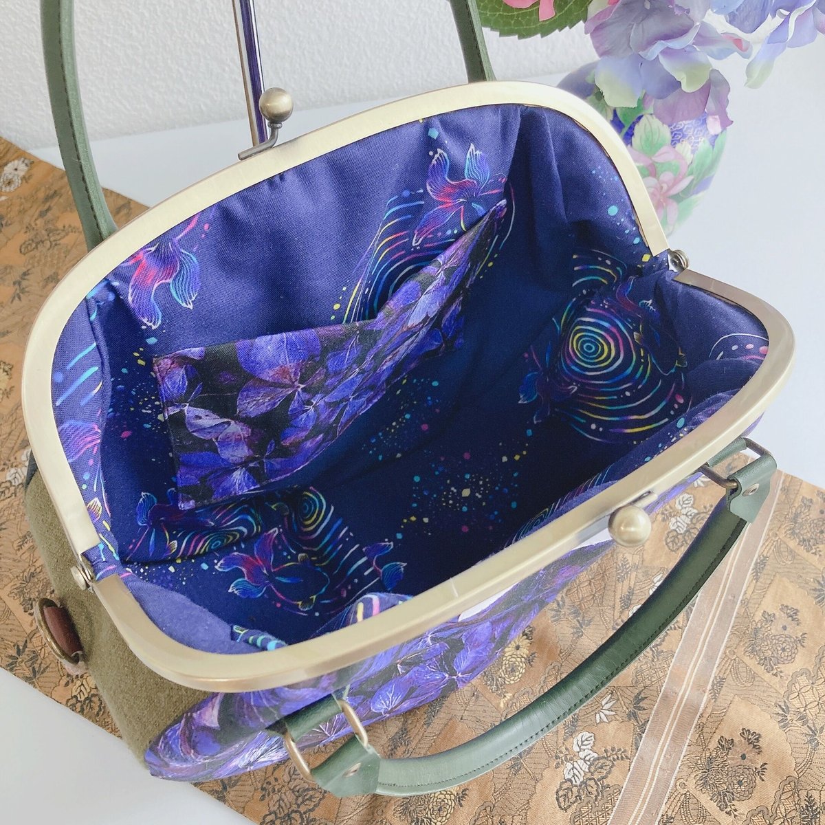がま口バッグ　ローズ　ぷっくり型と紫陽花兵児帯セット しずかの庭-紫陽花-(紫)がま口バッグ | Zeppink