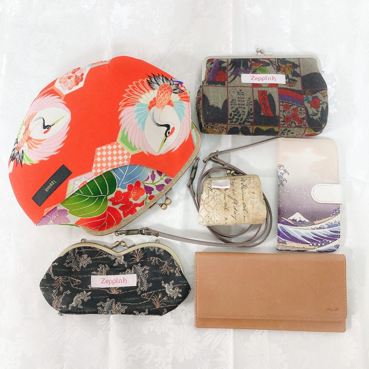 1ppink】たすきポケット親子がま口バッグ（花柄刺繍・えんじ