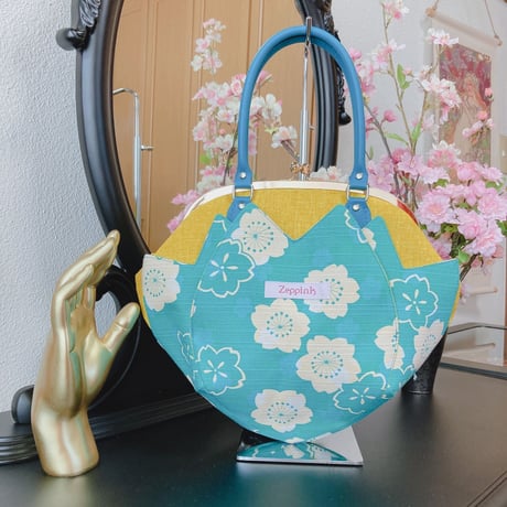 桜歌がま口バッグ・ターコイズブルー
