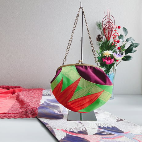 【1ppink】たすきポケット親子がま口バッグ（笹柄刺繍・緑）