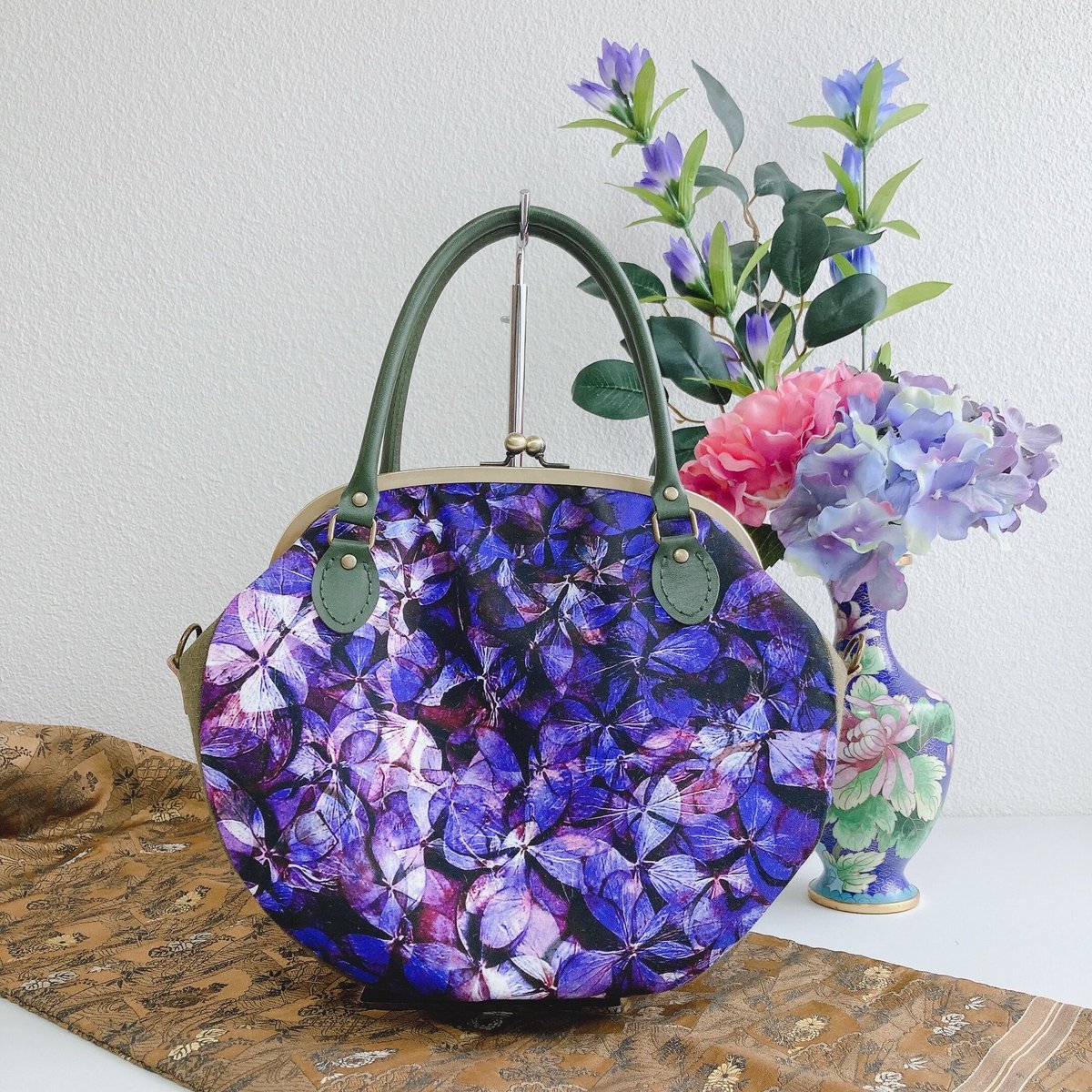 がま口バッグ　ローズ　ぷっくり型と紫陽花兵児帯セット しずかの庭-紫陽花-(紫)がま口バッグ | Zeppink