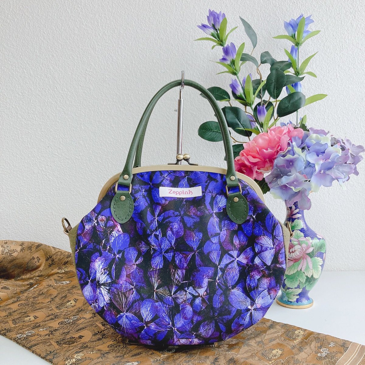 がま口バッグ　ローズ　ぷっくり型と紫陽花兵児帯セット しずかの庭-紫陽花-(紫)がま口バッグ | Zeppink