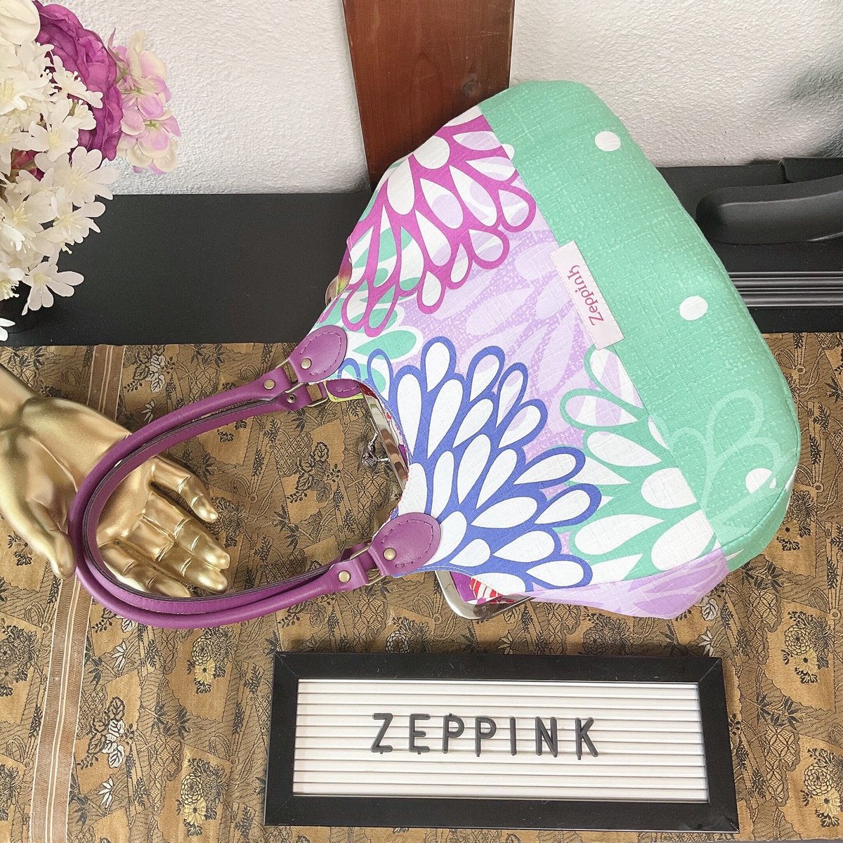 Sparkle菊柄あおりがま口バッグ・パープル | Zeppink