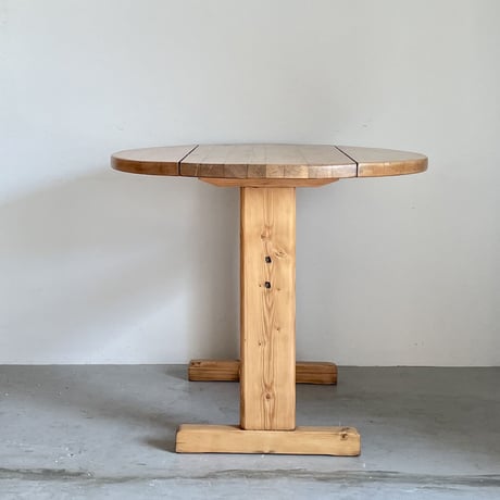 Solid Pine Round Drop Leaf Table / from Residence in Arc 2000 / France c.1980