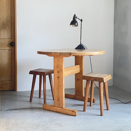 Solid Pine Round Drop Leaf Table / from Residence in Arc 2000 / France c.1980
