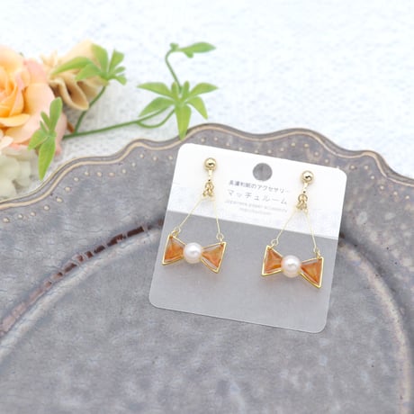 小さなリボン＊美濃和紙のイヤリング/ピアス＊オレンジ
