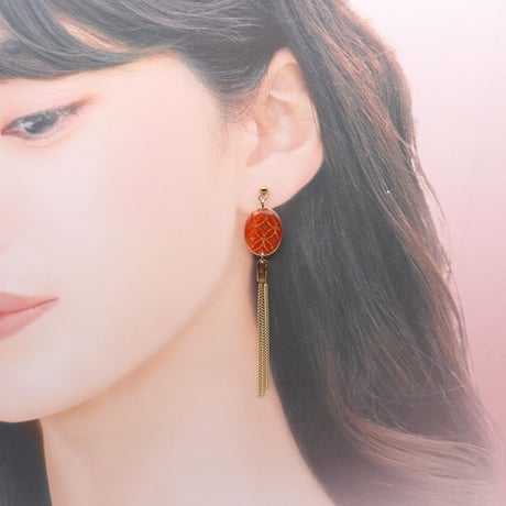 楕円とチェーンタッセル＊美濃和紙のイヤリング/ピアス＊七宝