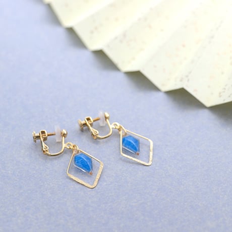 ひし形フープ｜美濃和紙のイヤリング・ピアス｜上品な和モダンスタイル｜青