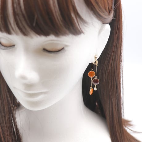 前後で揺れる水玉＊美濃和紙のイヤリング/ピアス＊茶色× オレンジ