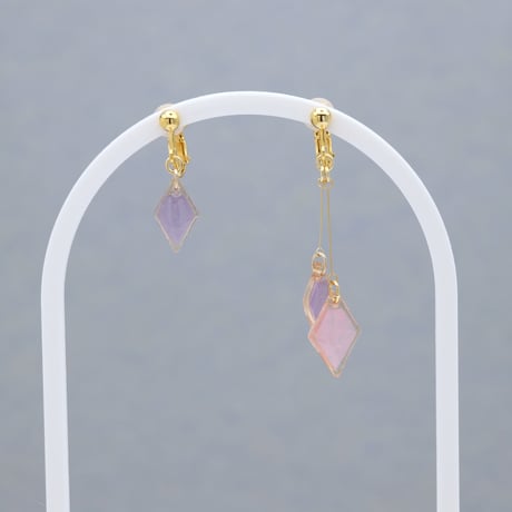 ひし形アシメ【美濃和紙のイヤリング/ピアス】ピンク×藤色