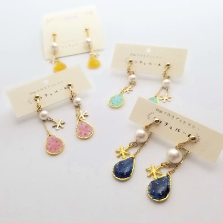 和紙のイヤリング/ピアス＊ドロップ＊雪チャーム＊コットンパール /ピンク