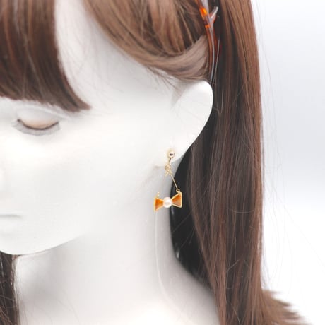 小さなリボン＊美濃和紙のイヤリング/ピアス＊オレンジ